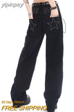 yipinpay Women Black Jeans Embroidery Low Waist Baggy Straight High Street American Autumn New Fashion Vintage Wide Leg Denim Trouser