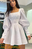 Yipinpay Vintage Elegant Autumn Square Collar Mini Pleated Dress Women Lantern Sleeve Ruched Wrap Chest Short Vestidos A-Line
