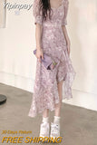 Yipinpay Summer Short Sleeve Fairy Floral Dress Woman Beach Party One Piece Dress Korean Style French Elegant Midi Dress Casual Chic