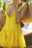 Yipinpay Retro Yellow Plaids Ruffled Hem Mini Dress Women Summer Casual Sleeveless Wide Shoulder Strap Buttons down A-Line Dress
