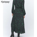 Yipinpay Women Fashion Print Mid-Calf Dresses With Belt 2023 Female Elegant Turn Down Collar Dresses Long Sleeve Soft Vestidos