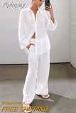 Yipinpay White Street Style Cotton Linen Pants Suits Women Casual 2-Pieces Sets Lapel Shirts And Wide Legs Pants Office Sets