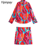 Yipinpay New Summer Elegant 2 Piece Printed Skirt Set Vintage Soft Turn Down Collar Long Sleeve Female Casual Skirt Lady Suit