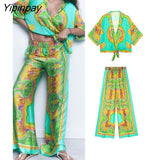 Yipinpay 2pcs Women Printed Pant Shirt Sets 2023 Summer Fashion Turn Down Collar Bow Blouse+Elastic Waist Wide Leg Pants Outwear