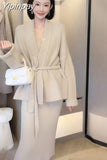 Yipinpay Piece Set Knitted Sling Dress 2023 Fall Winter Elegant Sweater Dresses Loose Cardigan + Slim V-neck Suspender Dress Office