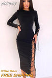 yipinpay Hollow Out Women Sexy Midi Bodycon Bandage Long Sleeve Night Club Fashion Dress Party 2023 Autumn Wrap O Neck Dress