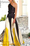 Yipinpay One Shoulder Draped Contrast Color Maxi Dress Women Vintage Patchwork Print Beach Party Frock Casual Female Vestidos
