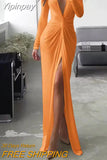 Yipinpay New Plus Size Solid Color Dress Female Summer Fashion Sexy Slit V-neck Long-sleeved Solid Slim Pleated Dress