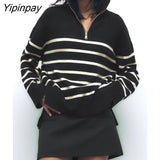 Yipinpay Women Zipper Collar Sweater 2023 Winter Fashion Striped Loose Knitting Sweaters Vintage Long Sleeve Female Pullover Tops