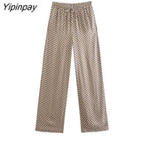 Yipinpay 2pcs Women Geometric Print Pant Shirt Sets 2023 Summer Long Sleeve Turn Down Collar Blouse+Wide Leg Trouser Causal Outwear