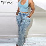 Yipinpay Women Fashion Clothes Bright Line Decoration Drawstring Elastic Waist Straight Leg Denim Jeans Pants