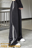 yipinpay Women's Casual Pants American Retro Loose Fitting High Street Black White Contrasting Design Straight Tube Wide Leg Sports Pants
