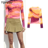 Yipinpay Women Tie Dye Pleated Tulle Blouses Tops 2023 Summer Vintage Long Sleeve Transparent Thin T-Shirts O-neck Casual Tops