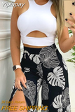 Yipinpay Women Summer Suit Solid Cut-out Tank Top & Tropical Print Split Wide Leg Pants Set Female & Lady Caual Sexy Trousers Suits 2023