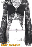 Yipinpay Goth Lace See Through Mall Gothic Women T-shirts Emo Sexy Grunge Aesthetic Flare Sleeve Crop Tops Y2k Black V-neck Alt Tees