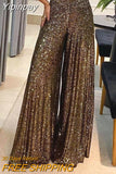 Yipinpay Waist Sequin Flared Wide leg Pants All-Match new fashion yk2 Women's Clothing