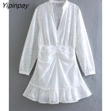 Yipinpay 2023 Summer Women Embroidery Dresses Fashion Hollow Out Long Sleeve V-neck Dresses Single Breasted Fashion A-line Vestidos