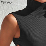 Yipinpay Women Casual Solid Sleeveless Turtleneck Asymmetrical Women Sexy Crop Tops