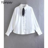 Yipinpay Sweet Ladies Bow Solid Blouses 2023 Spring Autumn Casual Turn Down Collar Long Sleeved Tops Single Breasted T-Shirts
