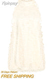 Yipinpay Loose Sexy Design Open Back Hanging Neck Short Tassel Dress Women's Spring Vestido Feminino Bow Lace Up Vintage