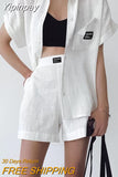 Yipinpay Streetwear Cotton Linen Women 2-Pieces Suits With Shorts Casual Shirts And Letter Shorts Outfits Summer Ladies Sets
