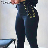 Yipinpay Women Casual Solid High waist Lace-up Skinny Pencil Pants