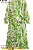Yipinpay Vintage Print Long Dress Women Green Midi Dress Woman Ruched Long Sleeve Dresses For Women 2023 Elegant Women's Dresses