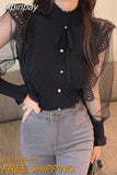 Yipinpay Long Sleeve Stand Black Chiffon Shirts Short Slim Vintage Blusas Mujer Patchwork Blouse White Mesh Dot Polka Knitted Top