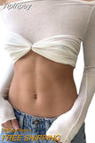 Yipinpay Knit Tops Sexy See Through Off The Shoulder Ruched Bodycon Crop Top for Women Fashion Long Sleeve T-Shirts White