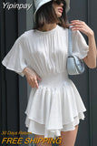 Yipinpay Elegant White Culottes Women Dress Flare Sleeve Soft Ruffled Shorts Dress Office Ladies Slim Crepe Mini Dress 2023