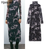 Yipinpay New Fashion Women Tulle Dresses 2023 Elegant Party Sheath Mid-Calf Slim Dress Long Sleeve Turtleneck Vestidos