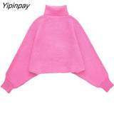 Yipinpay Elegant Pink 2 Piece Knitted Sweater Skirt Set 2023 Vintage Soft Turtleneck Batwing Sleeve Female Casual Skirt Lady Suit