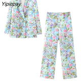 Yipinpay Women Spring Summer Thin Print Blazer Suits Sets 2023 Fashion Silk Satin Double Breasted Jacket Casual Wide Leg Pants