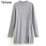 Yipinpay Autumn Women Beading Knitted Dresses 2023 Elegant Ladies O-neck Mini Slim Tassel Dresses Long Sleeve Simple Soft Vestidos