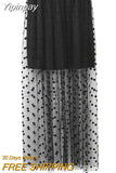 Yipinpay New Women Mesh Dot Skirts Summer High Waist Two Fake Piece Skirts See Through Black Maxi Tulle Lace Long Skirts One Size