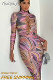 Yipinpay Sexy Printed Long Dress Women Turtleneck Full Sleeve Bodycon Summer Dress 2023 Femme Hollow Out Party Slim Maxi Dresses