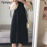 Yipinpay Style Dress Women Autumn and Winter Puff Sleeves New Square Collar Black Dress Female 2023