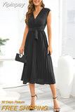 Yipinpay European and American Summer Sleeveless V-neck Lace-up Fashion Slim Temperament Pleated Dress