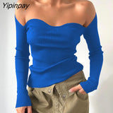 Yipinpay Sexy Off Shoulder Knit Corset Tops Women Ribbed T Shirt Long Sleeve Black White Basic Tees Tshirt Streetwear Bodycon Tops