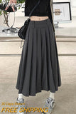 Yipinpay Korean Vintage Pleated Skirt Long Women Autumn Low Rise Preppy Style Casual A-Line Midi Skirt for Girls 90s Streetwear