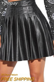 Yipinpay Women Solid Color Pleated Skirt, High Waist PU Leather Short Skirt for Clubs/ Parties, Black/ Wine Red