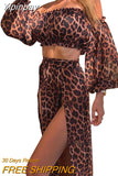 Yipinpay Sexy Skirt Sets Summer Fall Vacation Women Temperament Leopard Strapless Puff Sleeve Crop Top Split Skirt Women's Suits