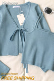 Yipinpay Casual Fashion 2 Piece Set Women Solid V-neck Long Sleeve Lace Up Short Knitted Cardigan Camis Knitwear Elegant Tops