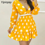 Yipinpay Women V-Neck Plunge Polka Dots Shirring Design Ruched Ruffles Casual Dresss Summer Dress Mini Elegant Dress