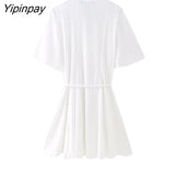Yipinpay Newest Women Solid Mini Dresses With Lace 2023 Summer V-neck Short Sleeve Dresses Single Breasted Fashion A-line Vestidos