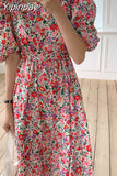 Yipinpay Sleeve Floral Maxi Dress Square Collar a Line Cotton Robe Summer 2023 Boho Plus Size Midi Elegant Korean Harajuku Sukienki