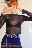 Yipinpay Women tshirt Sexy Women T Shirt See Through Transparent Mesh Tops Long Sleeve Sheer Slim Ladies Roundneck Sun moon T-Shirt Top