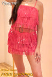 Yipinpay Fashion Women Acute Summer 2PCS Outfit Sets Sleeveless Sequins Sling Vest + Tassel Mini Skirt With Belt Club Street Style