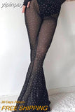 yipinpay Wide Leg Pant Sexy Flare Pants Women Fashion See Through Mesh Pant Sparkly Trousers Summer Solid High Waist Black Pants