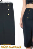 Yipinpay Black Long Skirts For Women Fashion 2023 Button Mid-Waist Midi Skirt With Slit Textured Summer Elegant Women's Skirts Sets
